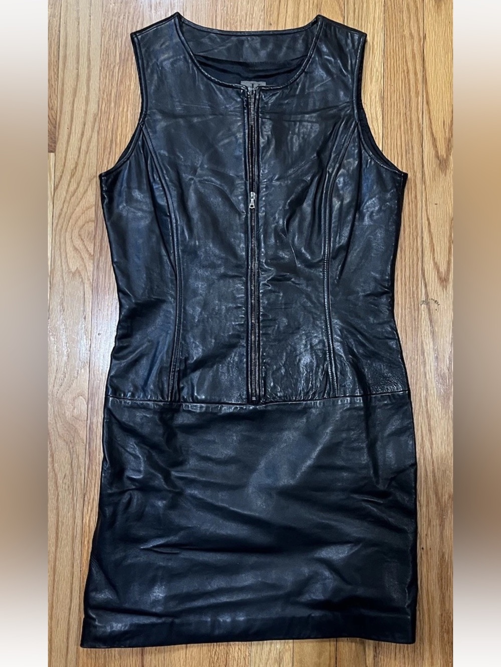 Calvin Klein Black Sleeveless Leather Mini Dress with Front Zip 6 Y2K